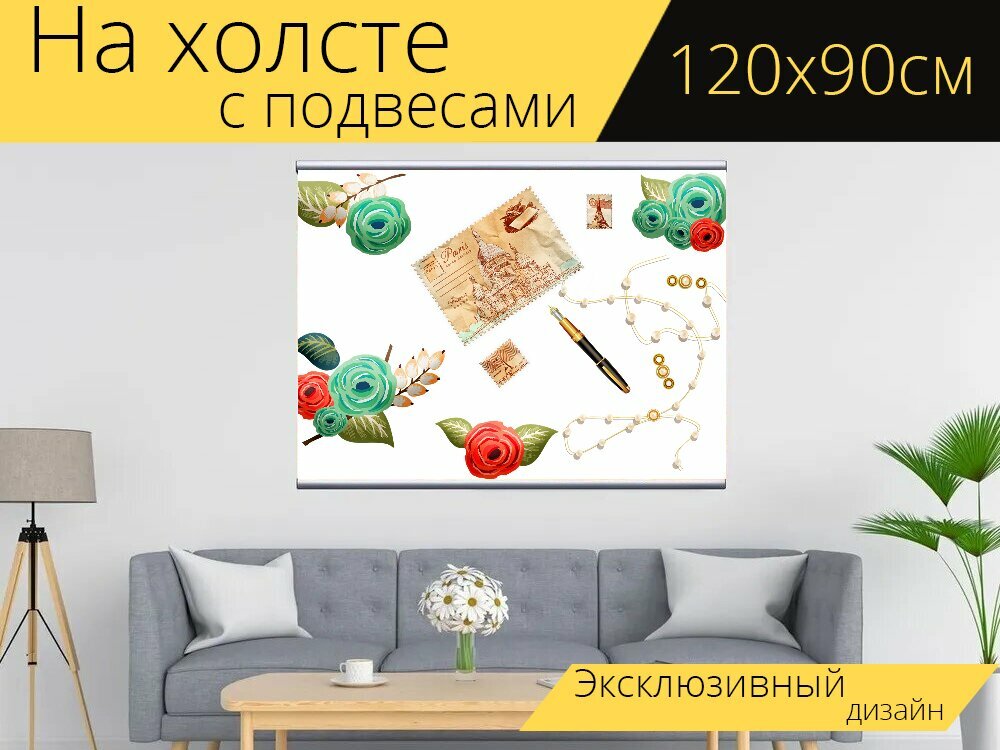 Картина на холсте "Винтажная открытка, цветы, жемчуг" с подвесами 120х90 см. для интерьера