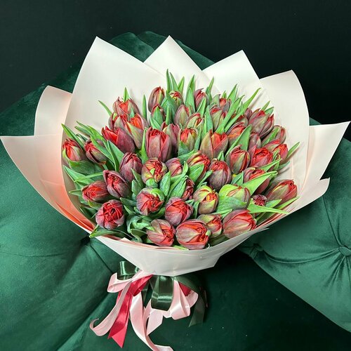 49 пионовидных тюльпанов Ред Принцесс в бежевой пленке