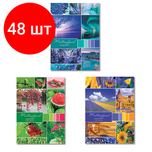 Комплект 48 шт, Тетрадь А4, 96 л, HATBER, скоба, клетка, обложка картон, Разноцветный мир (3 вида), 96Т4В3