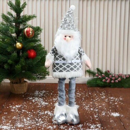 Мягкая игрушка Дед Мороз в костюме с ремешком, длинные ножки стоит, серый