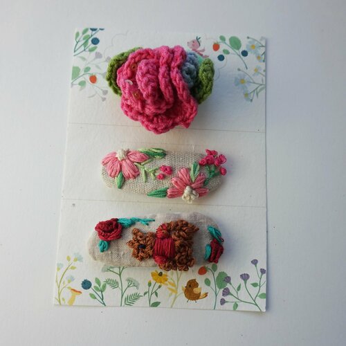 Заколочки клик-клак с вышивкой, набор заколок ручной работы для девочки