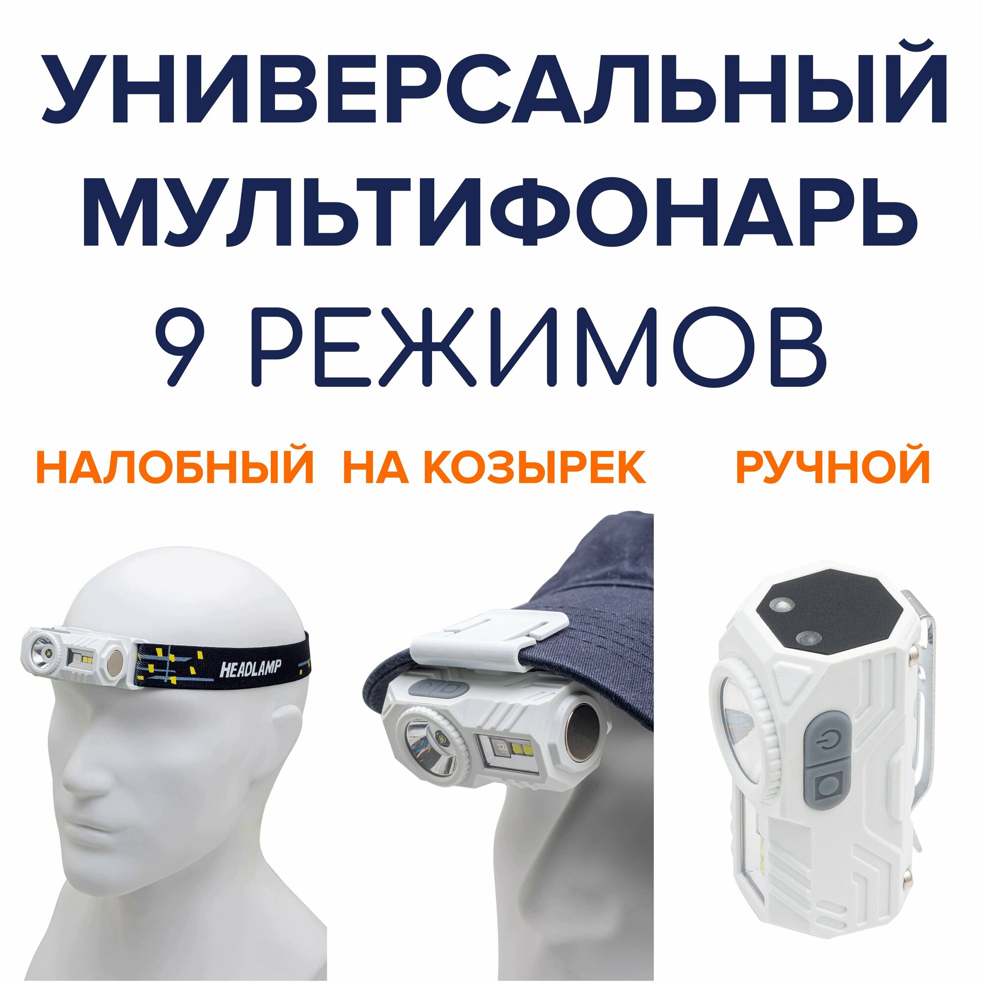 3в1 мультифонарь, налобный+ручной аккумуляторный фонарь с магнитом, фонарик на козырек кепки, включение по взмаху — фото 1