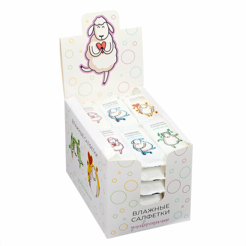 Влажные салфетки Овечки универсальные с хлопком шоу-бокс 36 упаковок по 8 шт 985₽