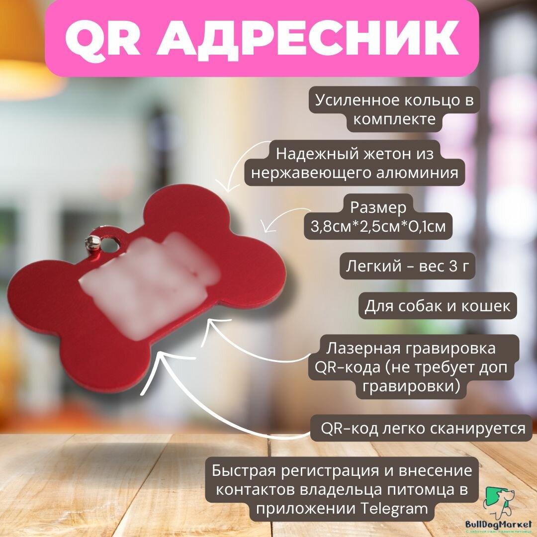 Адресник для собак и кошек с гравировкой QR кода, косточка