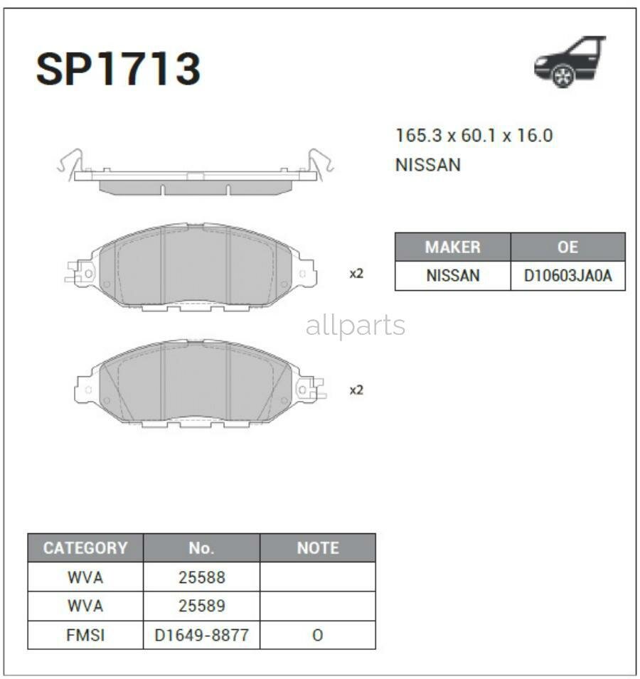 SANGSIN BRAKE SP1713 колодки тормозные дисковые
