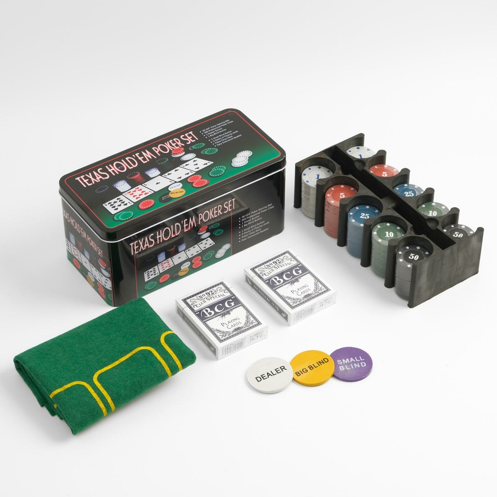 Покер, набор для игры (карты 2 колоды, фишки 200 шт.), с номиналом, 60 х 90 см (1шт.)