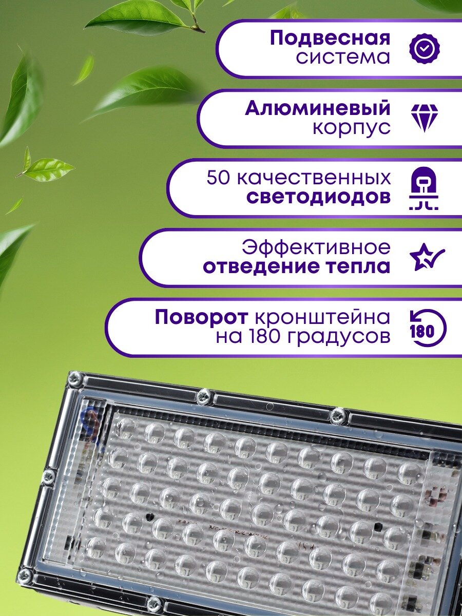 Фитолампа для рассады мощная (50W) с выключателем и евровилкой, фитосветильник для растений, светильник полного спектра