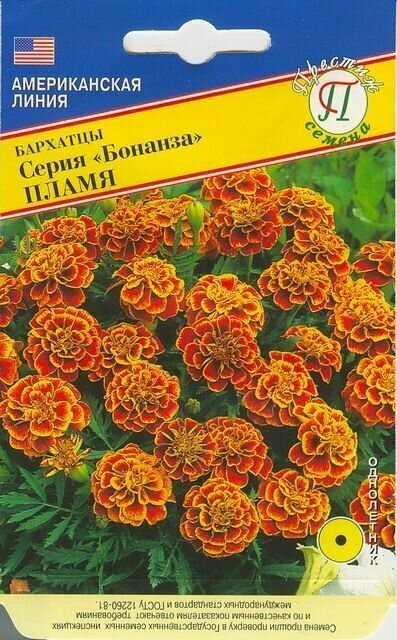 Бархатцы Серия Бонанза Пламя. Семена. 1 пакет-10 шт. семян. Рано зацветает обладает крупными цветками до 6 см. Высота кустика 30 см.