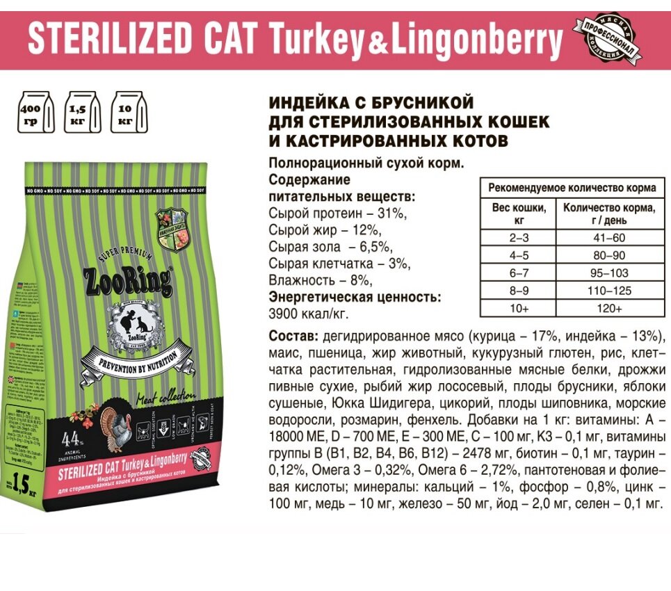 Zooring Sterilized CAT TURKEY&Lingonberry 0,4 кг (Индейка с брусникой) - фотография № 4