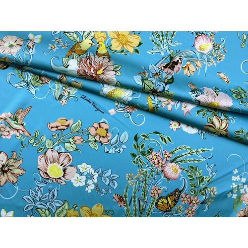 Ткань Шёлк Армани бирюзового цвета с принтом попугаи и бабочки 46443 1040₽