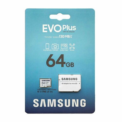 карта памяти samsung evo plus 64gb with sd adapter Карта памяти Samsung UHS-1 U3+ Evo Plus MicroSD, 64 Гб, с SD адаптером, класс 10, 1 шт