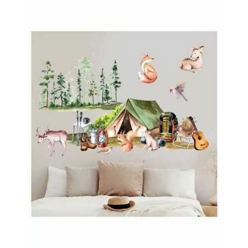 Наклейка интерьерная Палатка в лесу со зверятами 30х90 см 570₽