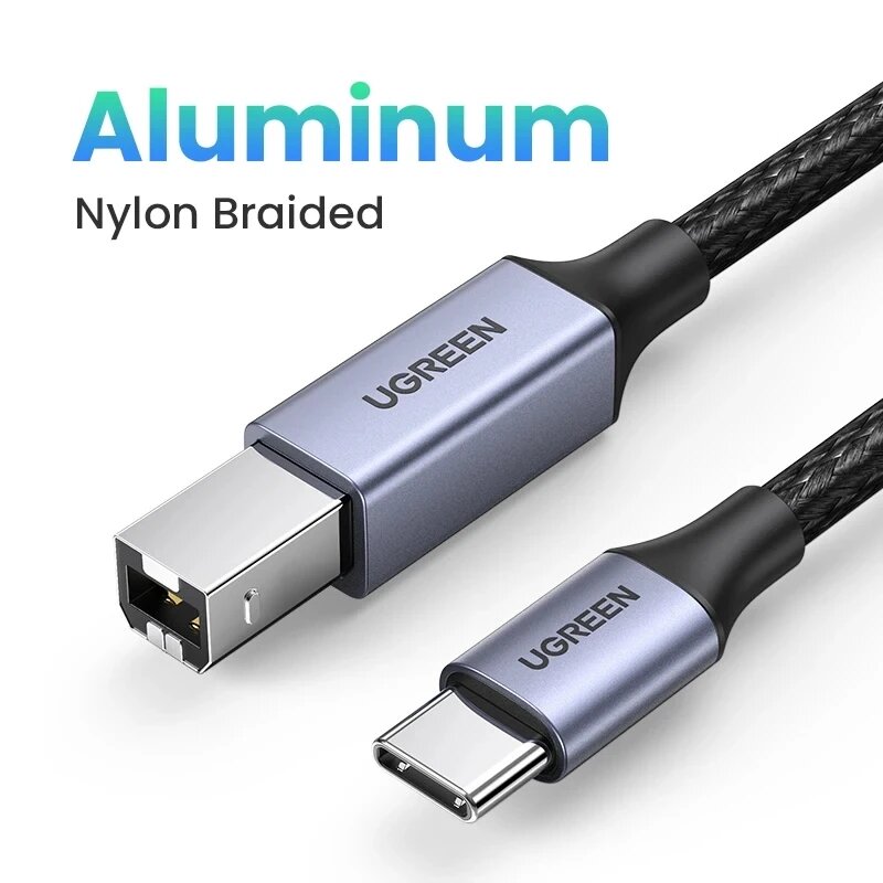 Ugreen USB C — USB Type B 2.0 Кабель для нового принтера MacBook Pro HP Canon Brother Epson Dell Samsung Тип C Шнур сканера принтера, Aluminum Grey, 2m