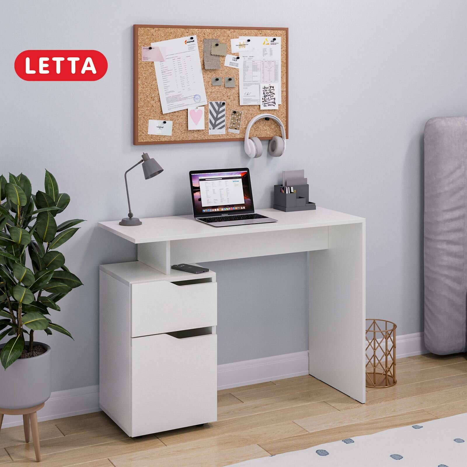 Стол Letta Praga, компьютерный, письменный, 1 ящик, белый, ЛДСП, 100x40x75 см