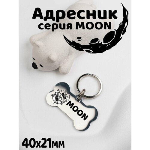 Адресник для собак и кошек, брелок на ключи, жетон, Цвет Серебро глянцевый MOON. Размер 40х21mm (нерж сталь)