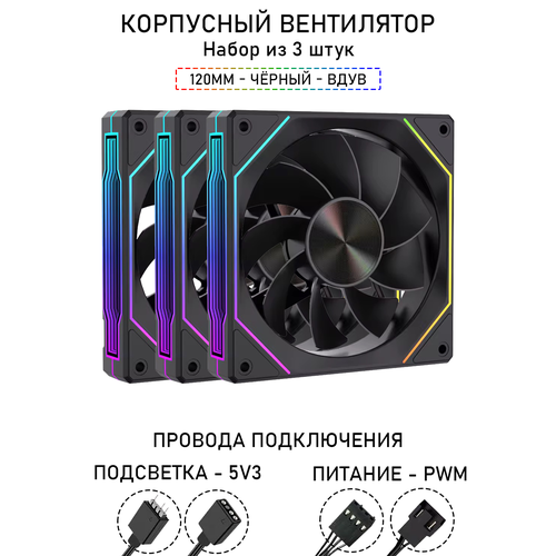 Вентилятор для корпуса LovingCool - 4RS, набор из 3 штук, 120мм, чёрный, вдув, A-RGB, PWM + 5v3