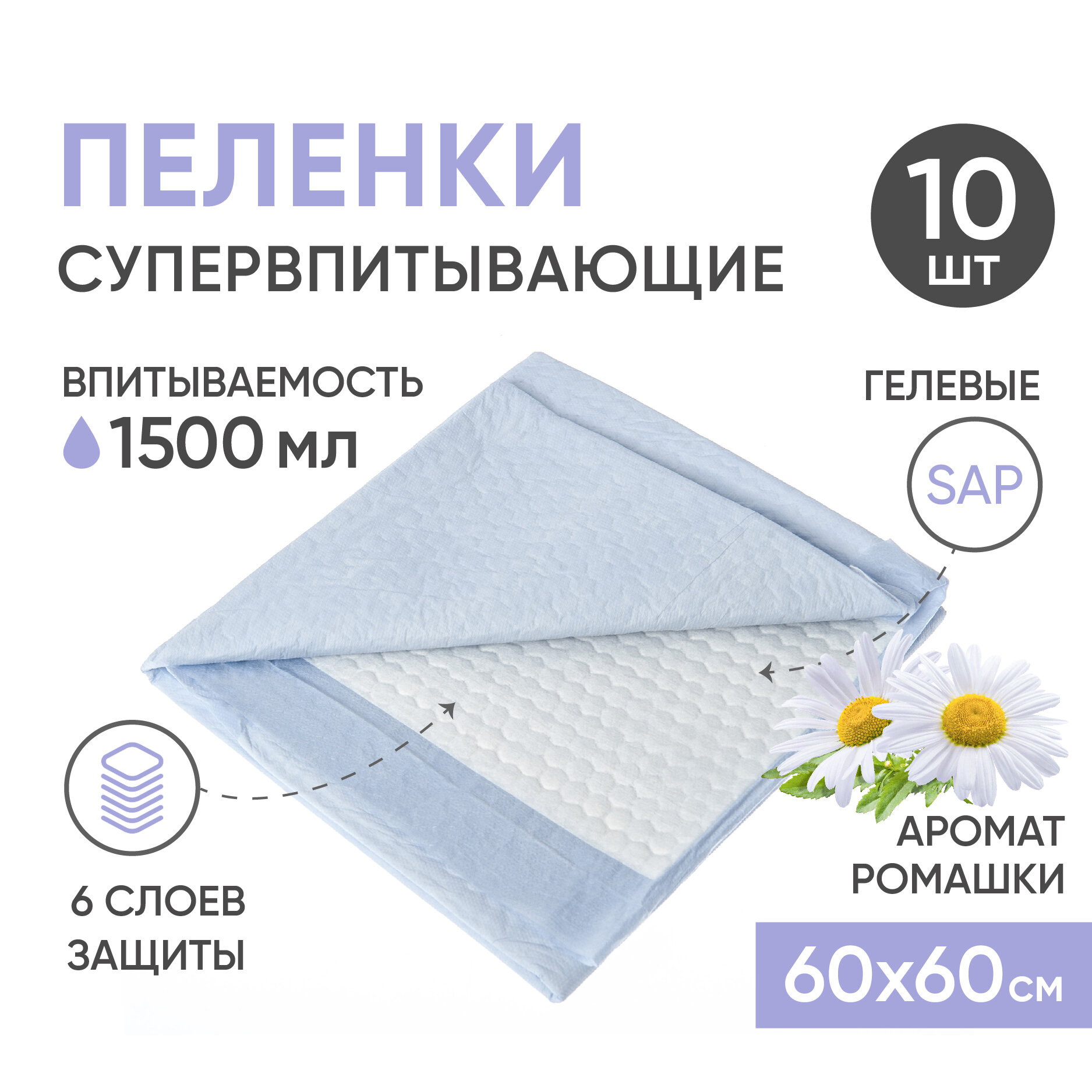 Пеленки одноразовые впитывающие BESIDE Aroma с ароматом ромашки, 60х60 см, 10 шт, непромокаемые гелевые простыни для взрослых, детей, домашних животных