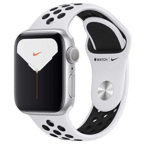 фото Умные часы apple watch series 5 gps 40мм aluminum case with nike sport band, серебристый/чистая платина/черный