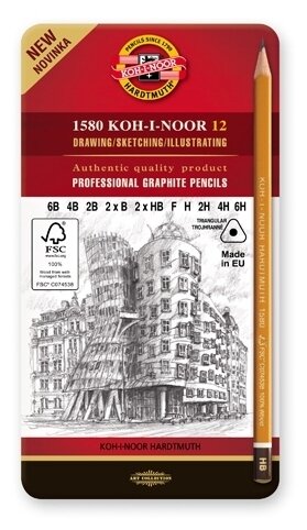 Набор карандашей ч/г Koh-I-Noor "1582" 12шт., 6B-6H, трехгранный, заточен., метал.пенал