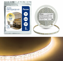Cветодиодная LED лента Feron LS612, 120SMD(2835)/м 9.6Вт/м 5м IP20 12V 3000К