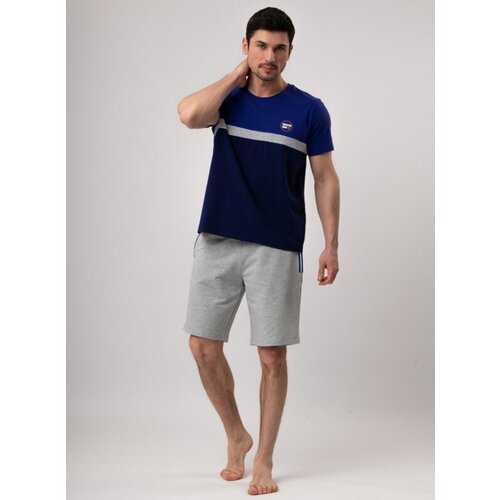Комплект Indefini, футболка, шорты, пояс на резинке, карманы, размер XXL(52), синий, серый