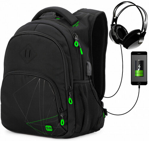 Школьный рюкзак для мальчиков подростков Skyname 90-143 черно-зеленый с анатомической спинкой и USB выход