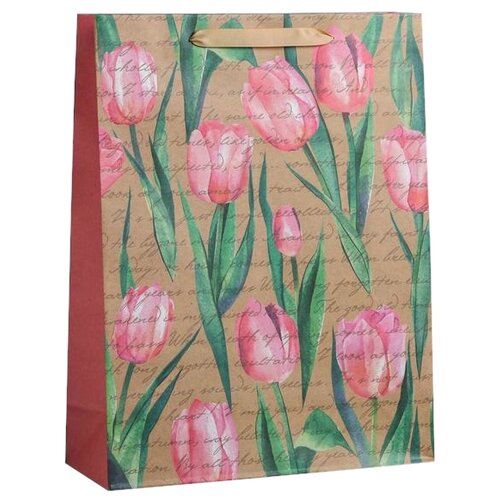 Пакет подарочный Дарите счастье Тюльпаны, 31х40х11.5 см, бежевый/розовый