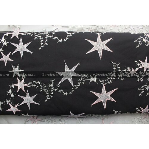 Ткань Вышивка на чёрном фатине белыми и розоватыми звёздами, ш150см, 0,5 м