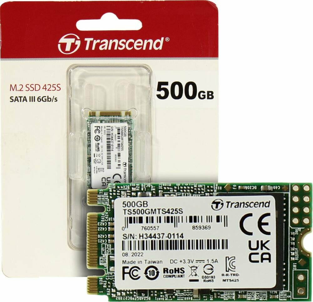 Внутренний SSD диск TRANSCEND 425S, 500GB, SATA3, M.2 (TS500GMTS425S)