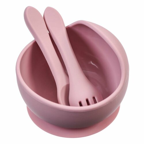 Набор для кормления, миска, вилка, ложка, цвет розовый