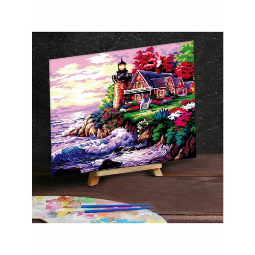 Картина по номерам на холсте 40х50 см Домик с маяком у моря
