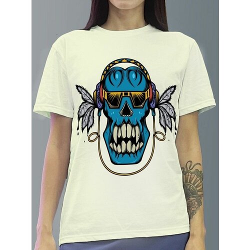 фото Футболка женская белая молочный оттенок из хлопка с dtf рисунком череп - 982 будь на стиле