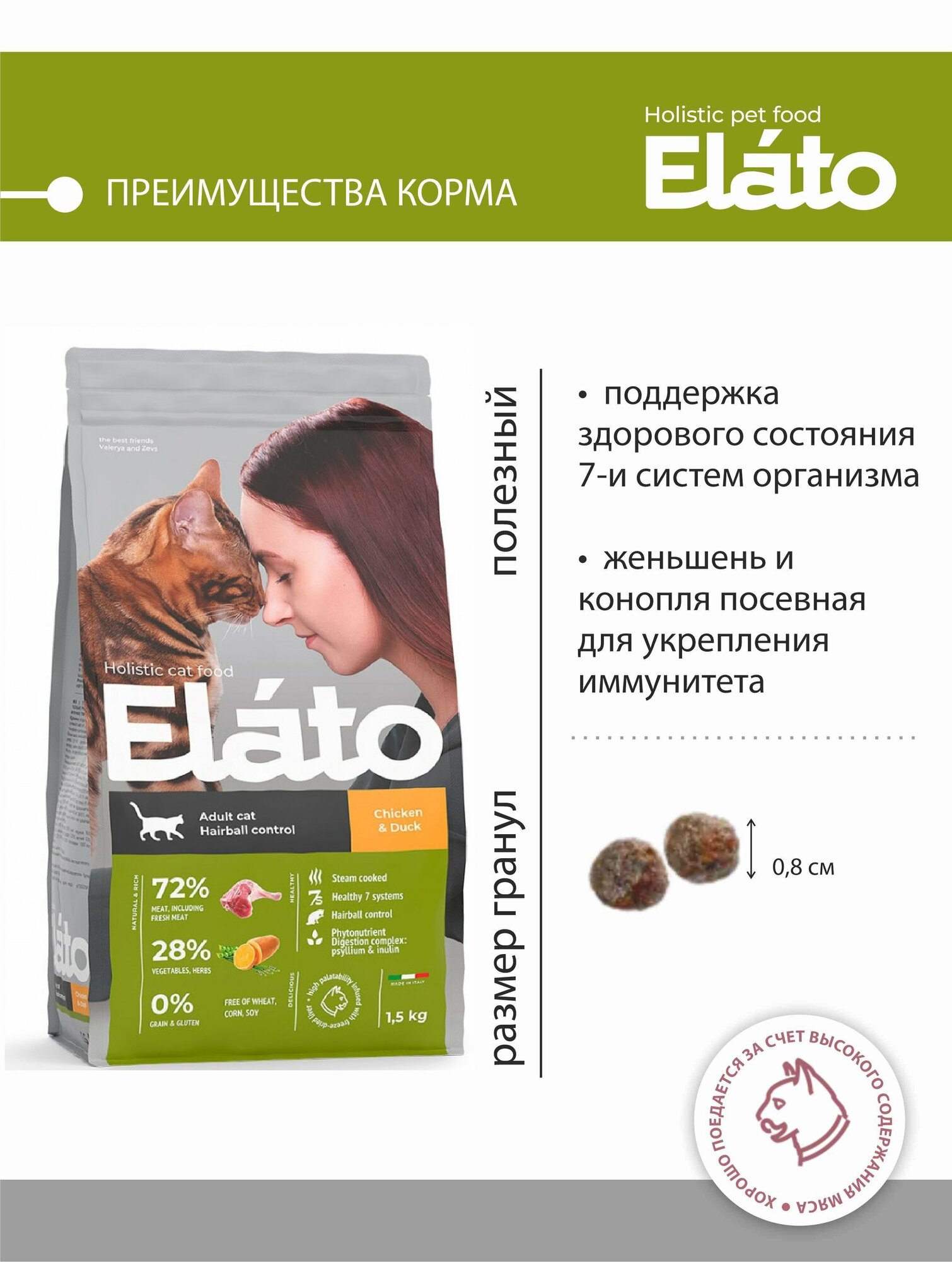 Элато Holistic сух.д/кошек для выведения шерсти Курица и Утка 1,5кг - фотография № 5