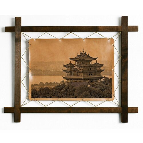Картина Храм на холме Ханчжоу, гравировка на натуральной коже, интерьерная для украшения и декора на стену в деревянной раме, подарок, BoomGift