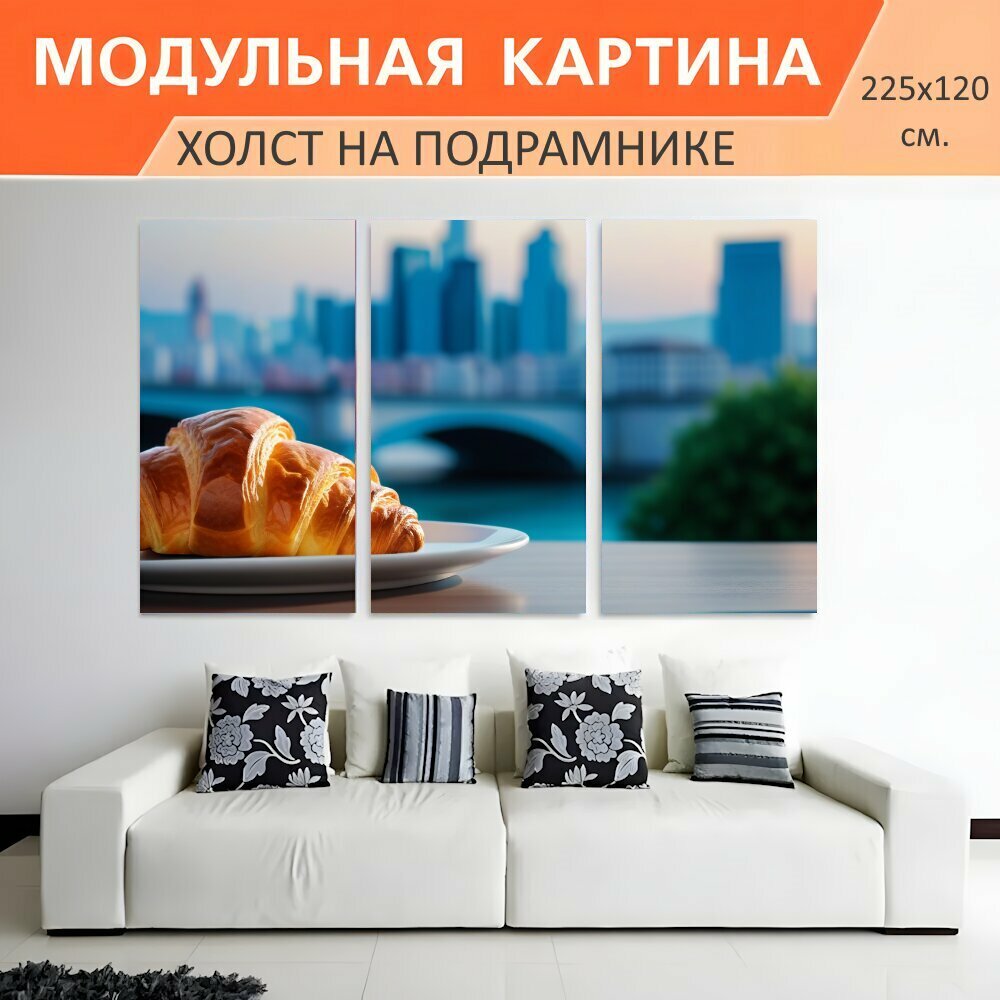 Модульная картина на холсте "Кофе и круассан на фоне утреннего города , " триптих на подрамнике 225х120 см. для интерьера