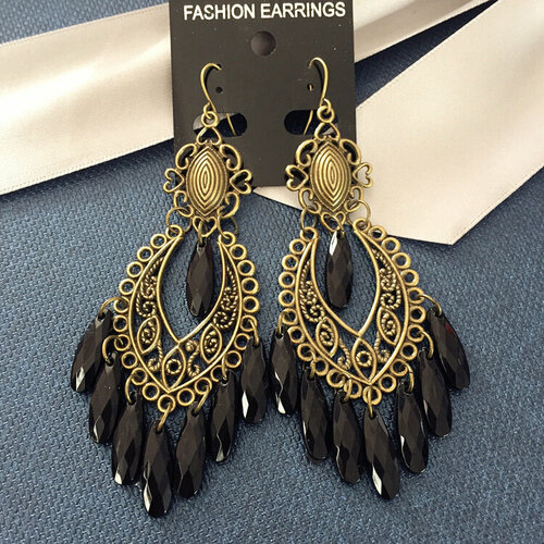 Серьги с подвесками, акрил, размер 90 мм, черный в матовом золоте