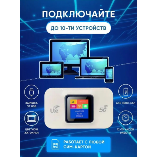 Карманнный Wi-Fi роутер с поддержкой SIM-карты Mi-Fi роутер 4G5G LTE работает от встроенного аккумулятора 3000 mAh 2600₽