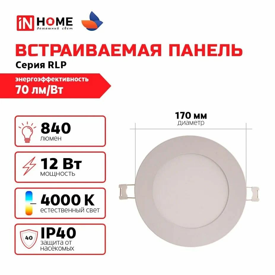 IN HOME Светильник потолочный RLP 12 Вт, 4000 К, 840 Лм, 170/155мм, , IP40, встраиваемый, круглый