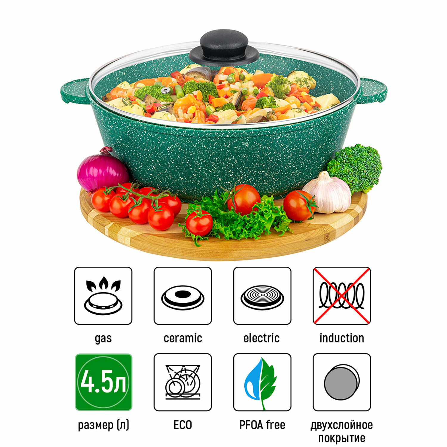Жаровня-сотейник 4,5 л 28 см Elan Gallery гармония вкуса Изумруд с крышкой D28 — фото 1