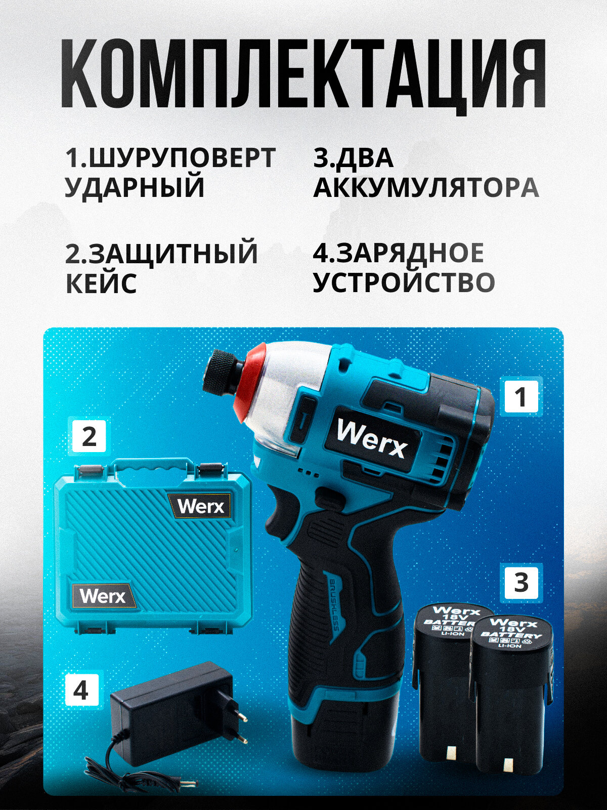 Шуруповерты Шуруповерт аккумуляторный - ударный, 2й аккумулятор и кейс в подарок / 18V