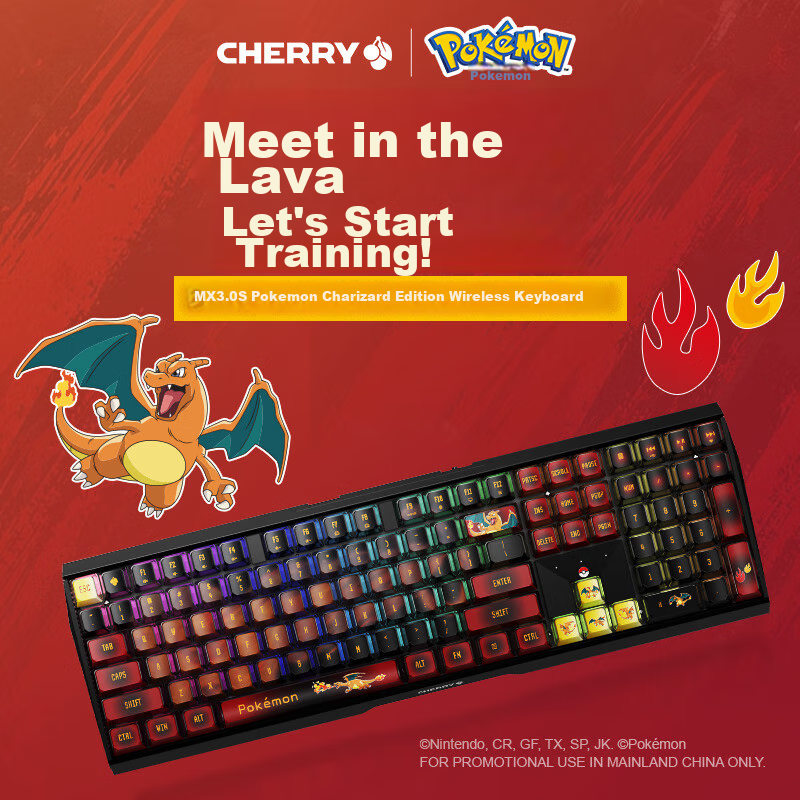 Беспроводная механическая клавиатура CHERRY MX3.0S, черная, Pokemon Collaboration Edition, Pyro Dragon, PBT, Bluetooth