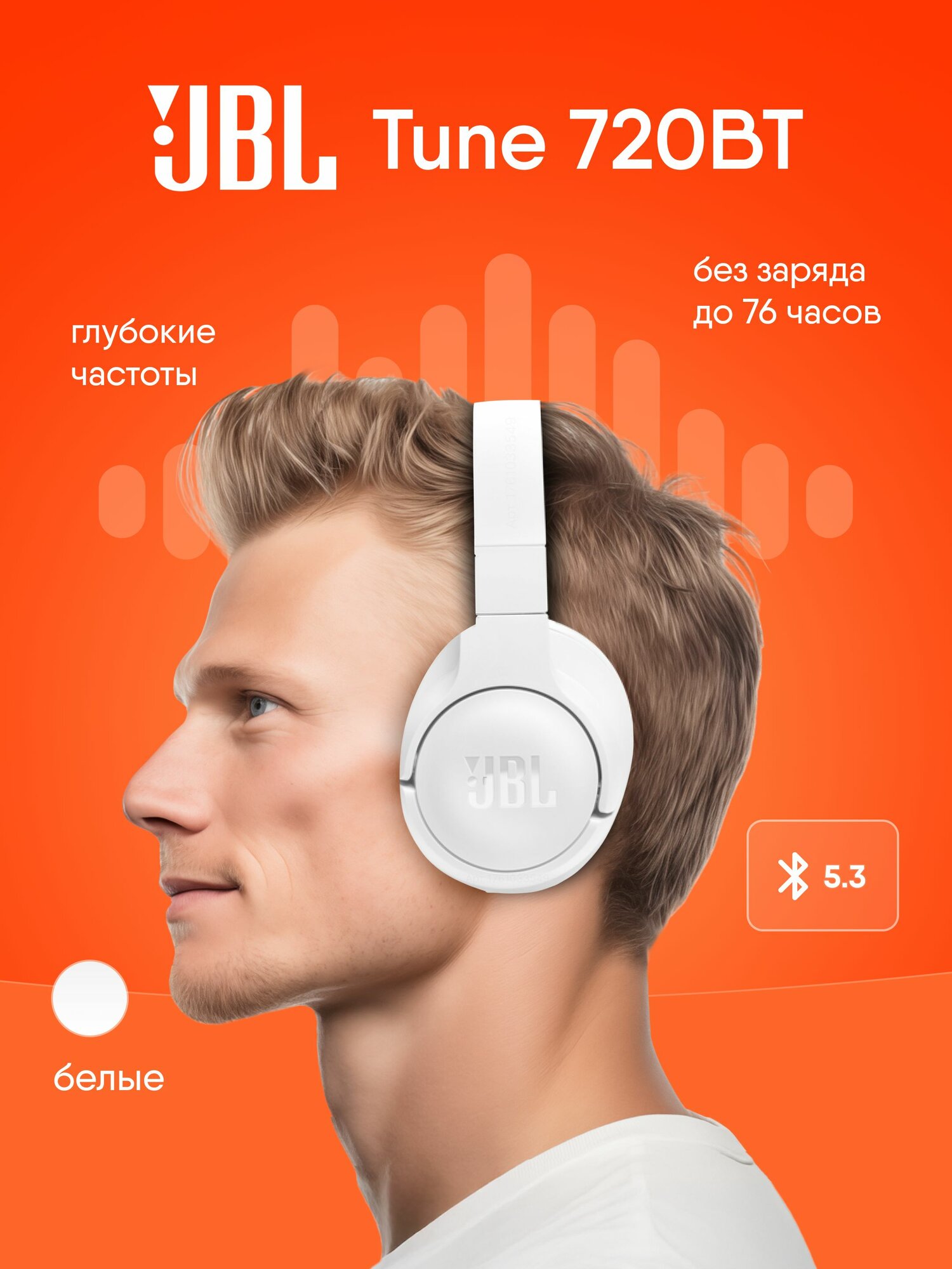 JBL 2025 Наушники беспроводные большие накладные JBL Tune 720BT белый с шумоподавлением встроенный микрофон