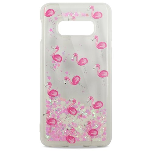 Чехол с переливашками для Samsung Galaxy S10E / Жидкий Чехол с блестками и водой на Самсунг Галакси C10E (Фламинго на розовом)