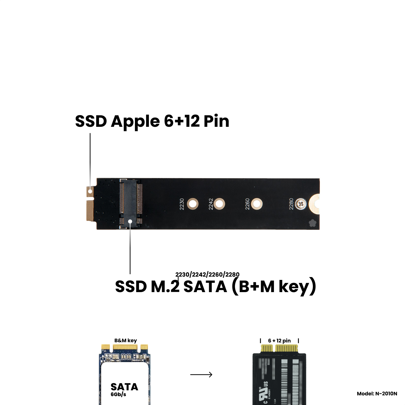 Адаптер-переходник для установки SSD M.2 SATA (B+M key) в разъем Apple SSD (6+12 Pin) MacBook Air 11" A1370 / MacBook Air 13" A1369 Late 2010 Mid 2011