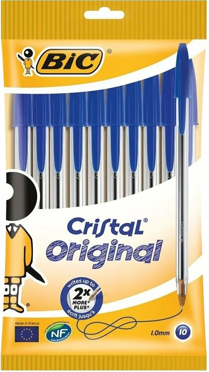 Ручки шариковые BIC Cristal Original, набор 10 шт, синие, узел 1мм, линия 0,32мм, пакет, 830863