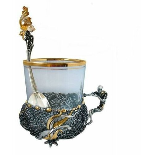Серебряная набор подстаканник «Старик и невод», чайная ложка