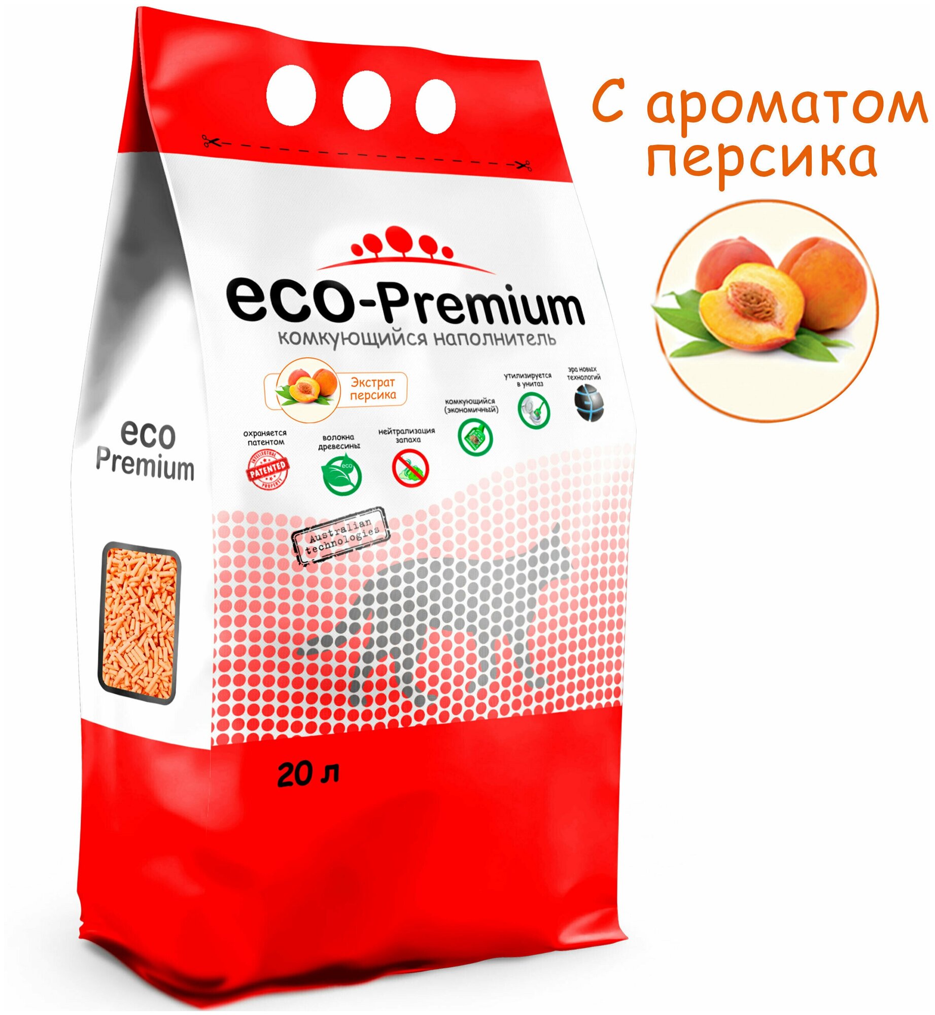 Наполнитель древесный комкующийся, ECO-Premium (Эко-премиум) с запахом персика, 7,6 кг, 20 л