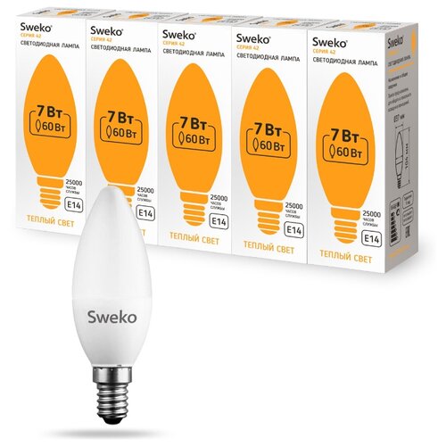 фото Лампа светодиодная sweko e14, c35, 7вт 3000k 42led (упаковка 5 шт)