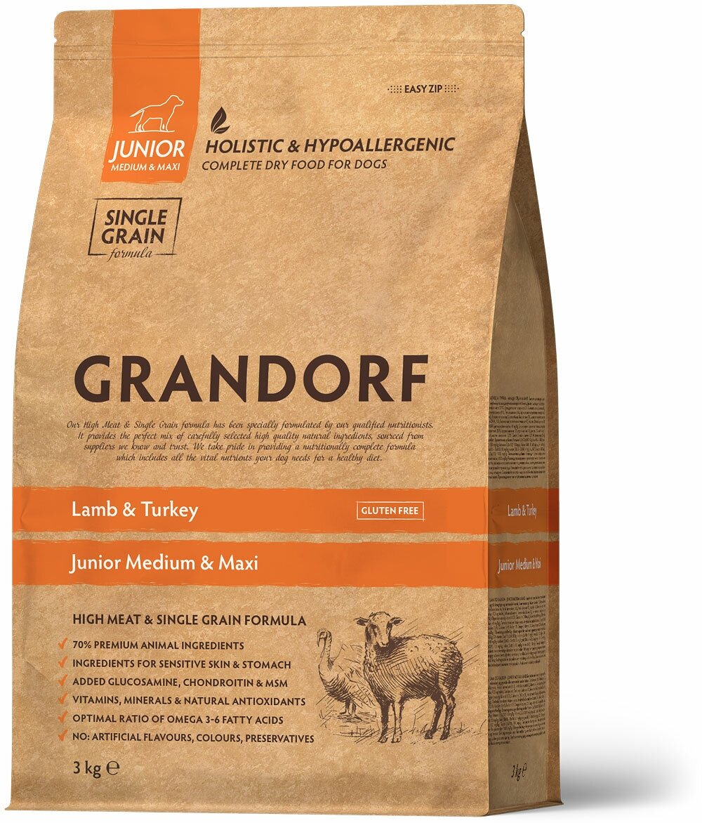 Сухой корм Grandorf Junior Lamb&Turkey для собак и щенков юниоров средних и крупных пород с 4х месяцев с ягненком и индейкой 3 кг