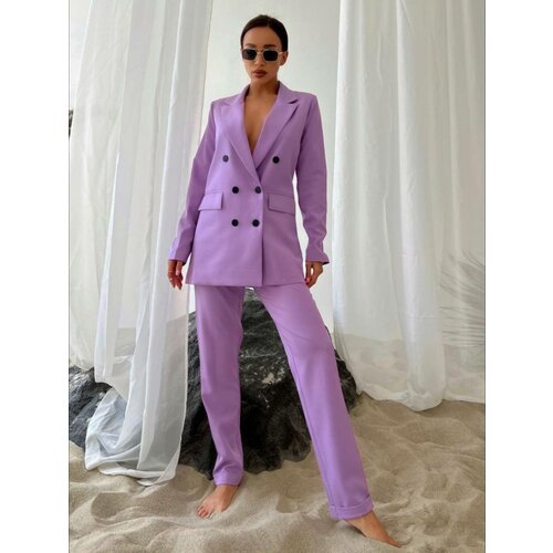 фото Костюм blazer, жакет и брюки, классический стиль, полуприлегающий силуэт, пояс на резинке, размер 46, фиолетовый